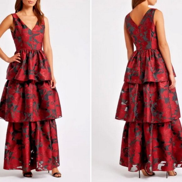 Julia Jordan Red Black Metallic Floral Sleeveless Tiered Gown Dress - Picture 1 of 4